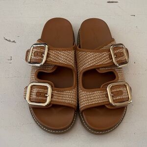 Tan Woven Sandals with Buckles